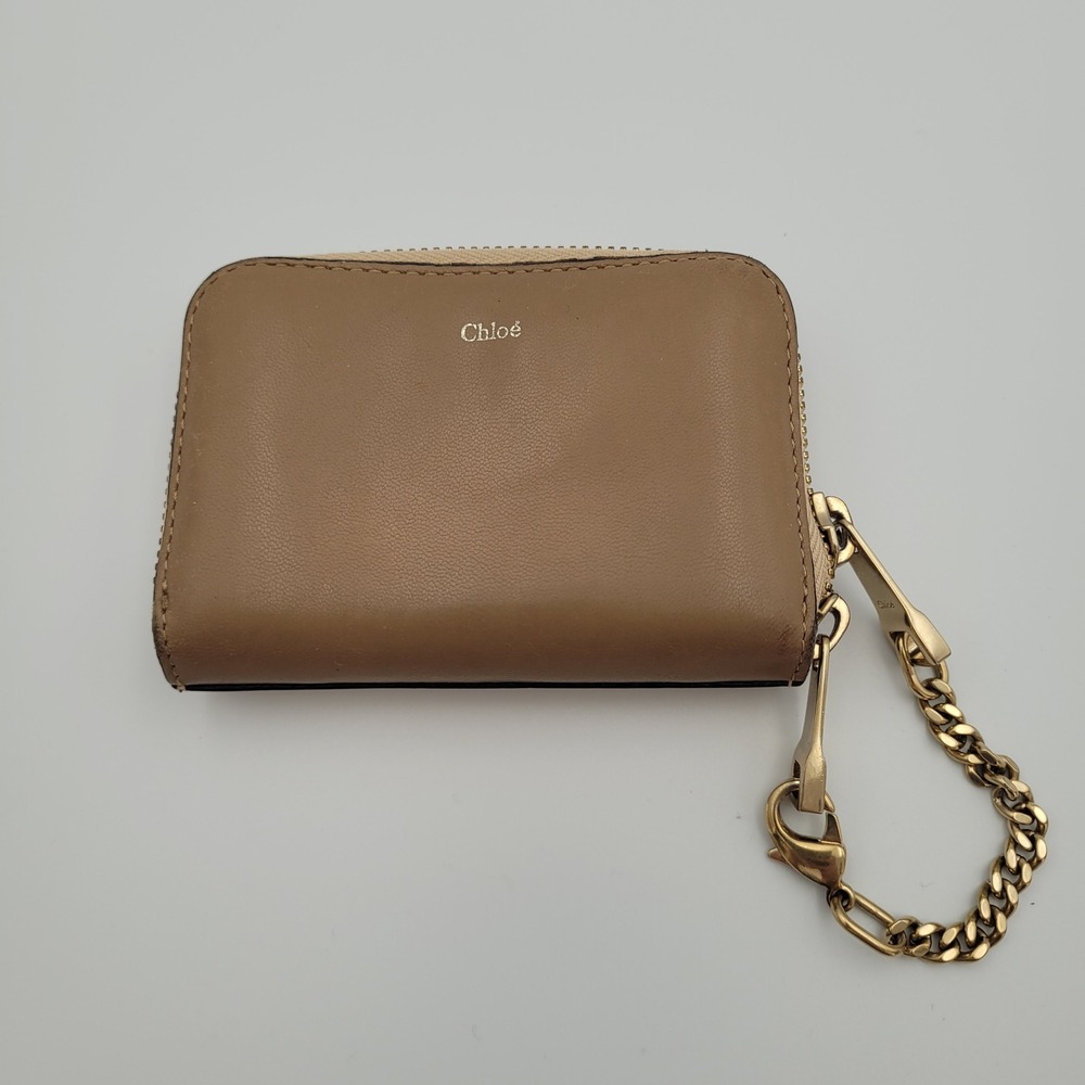 Chloe Leather Coin Card Purse Tan Gold Metallic Zip Around Wallet 03-15-60-65